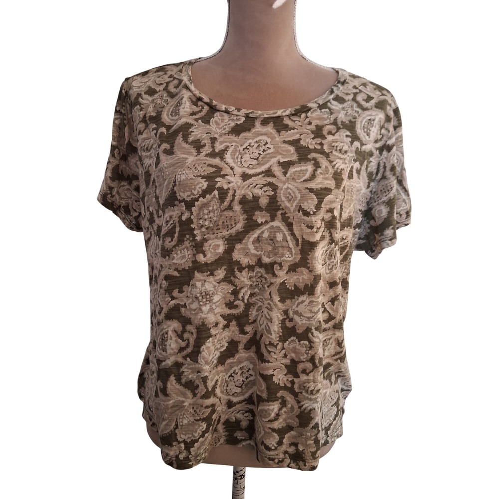 Lucky Brand Womens XL Olive Green Paisley Floral Slub Knit Short Sleeve Tee Top
